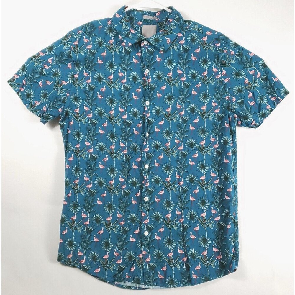 A Frame Shirt Mens Medium Blue Hawaiian Flamingo Print Short Sleeve